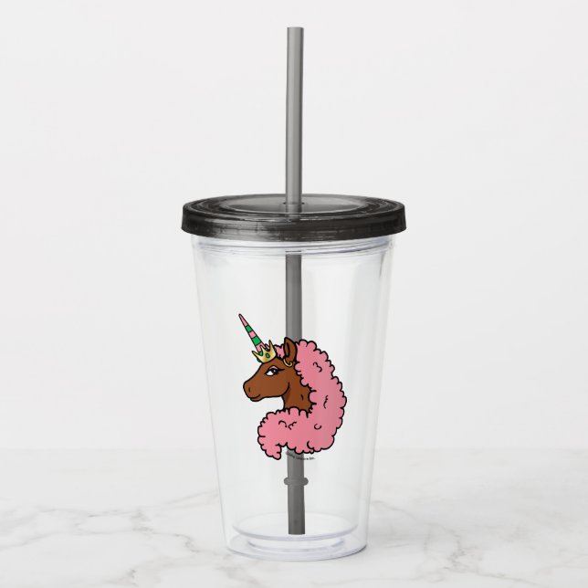 Copo De Acrílico Rosa claro Afro Unicorn (Frente)