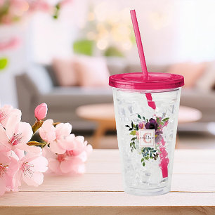 Copo De Acrílico Rosa e roxo floral personalizado