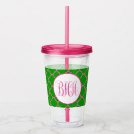 Copo De Acrílico Rosa e Verde Quatrefoil e Monograma