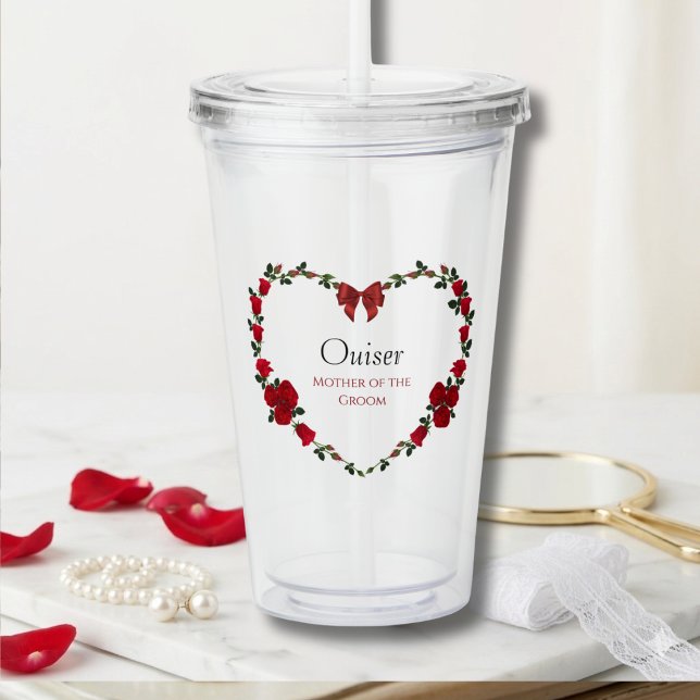 Copo De Acrílico Rosas Vermelhas Elegantes Presente para a Mãe do N (Custom Mother of the Groom Tumbler with Romantic Red Rose Heart Floral Wreath)
