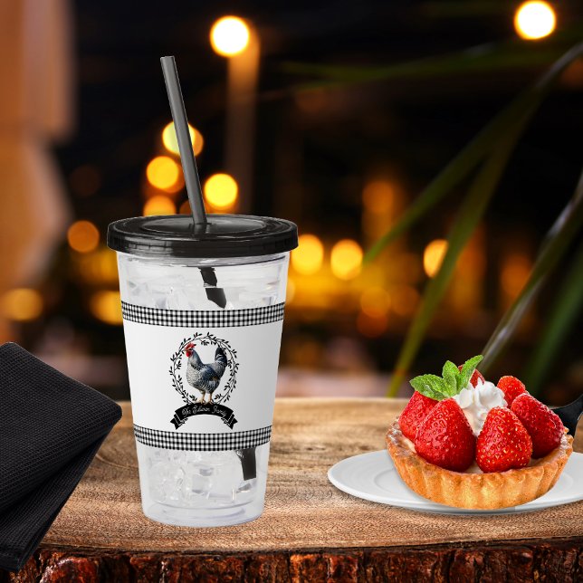 Copo De Acrílico Rustic Country Rooster Chicken BW Gingham Checks (Rustic Country Rooster Chicken Black and White Gingham Checks Farm Family Name Acrylic Tumbler)