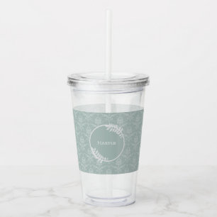Copo De Acrílico Sage Green Elegant Damask Personalizado