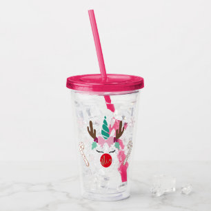 Copo De Acrílico Taça Plástica de Unicórnio de Natal com palha
