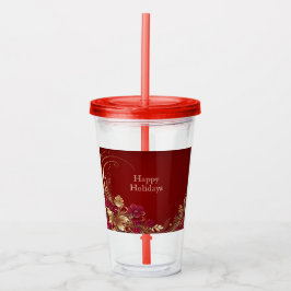 Copo De Acrílico Tumbler Acrílico de Feriado Floral Dourado Vermelh