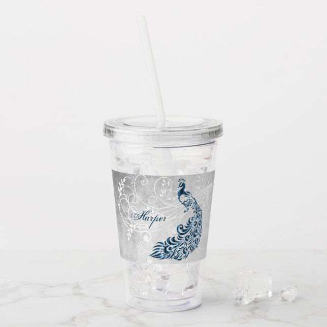 Copo De Acrílico Tumbler Acrílico Personalizado de Pavão Azul (Gelo frontal)