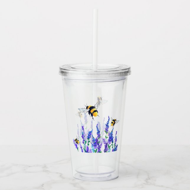 Copo De Acrílico Tumbler de Acrílico Flores de Primavera e Abelhas (Frente)