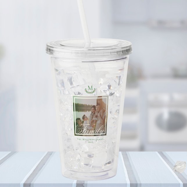 Copo De Acrílico Tumbler de Foto da Família Monograma Wreath (Criador carregado)
