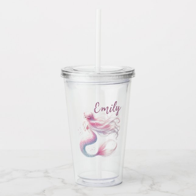 Copo De Acrílico Tumbler de Sereia Rosa Personalizado (Frente)
