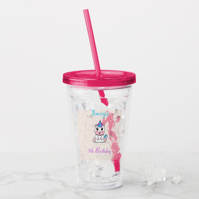 Copo De Acrílico Unicórnio branco fofo rosa (Gelo frontal)