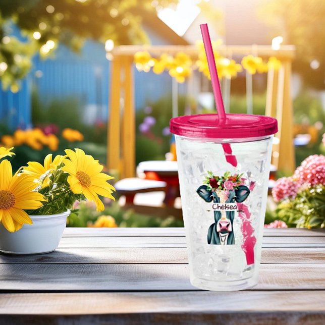 Copo De Acrílico Vaca floral personalizada (Criador carregado)