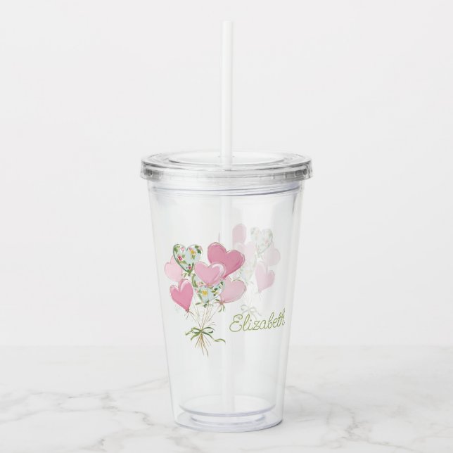 Copo De Acrílico Valentine's Heart Pink and Green Heart Balloons (Frente)