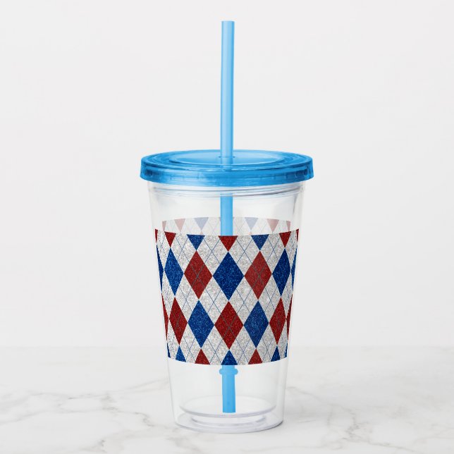 Copo De Acrílico Vermelho, Branco, Azul Argyle Glitter 4 de Julho (Frente)