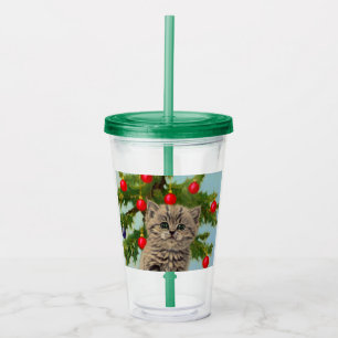 Copo De Acrílico Vintage Cat e Árvore de Natal