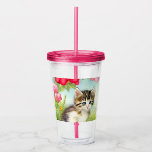Copo De Acrílico Vintage White e Brown Kitten com Flores
