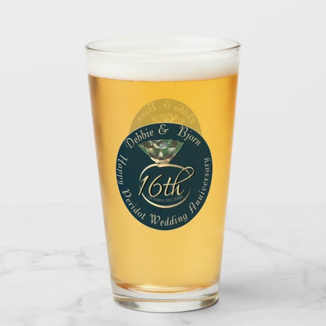 Copo De Pint 16º aniversário de casamento Peridot & Silver Rosa (Frente (Preenchido))