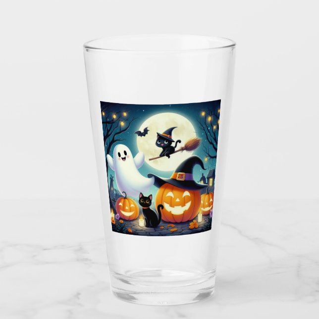 Copo De Pint Abóbora, gata e fantasma do Halloween (Frente)
