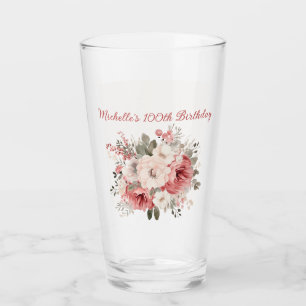 Copo De Pint Aniversário de 100 anos Floral Aquarela Rosa Verme