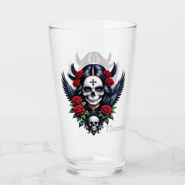 Copo De Pint Anjo do Crânio de Açúcar com Rosas. (Frente)