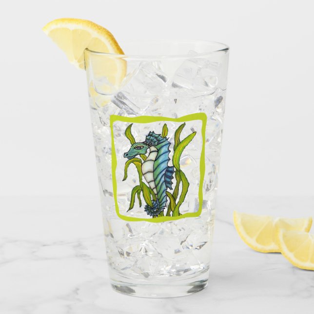 Copo De Pint Aqua Blue Sea Dragon Creature Seaweed Green Border (Gelo frontal)