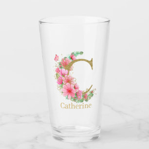 Copo De Pint Aquarela Dourada e Monograma Floral Letra C