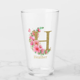 Copo De Pint Aquarela Dourada e Monograma Floral Letra H