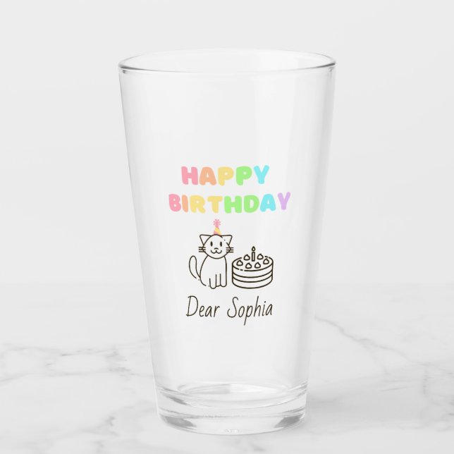 Copo De Pint Arco-Íris e Gato Feliz Aniversário (Frente)