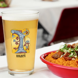 Copo De Pint Azul medieval e maré vermelha iluminada - Letra I