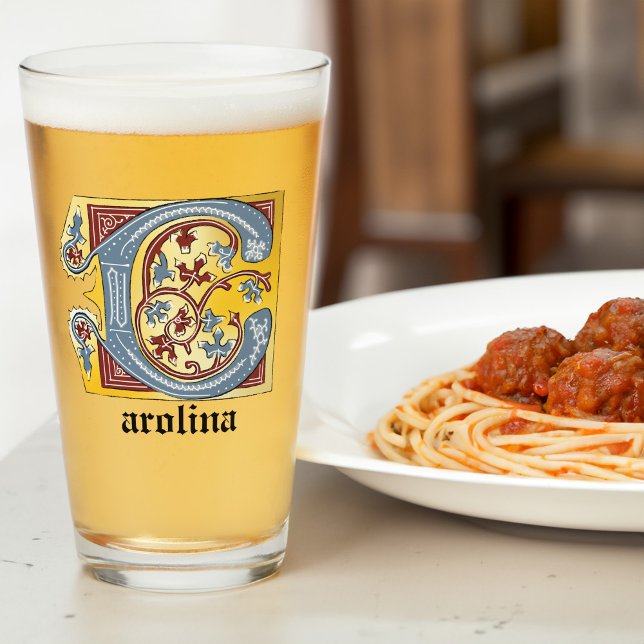 Copo De Pint Azul Medieval e Vermelho Ivy Iluminado - Letra C (Criador carregado)