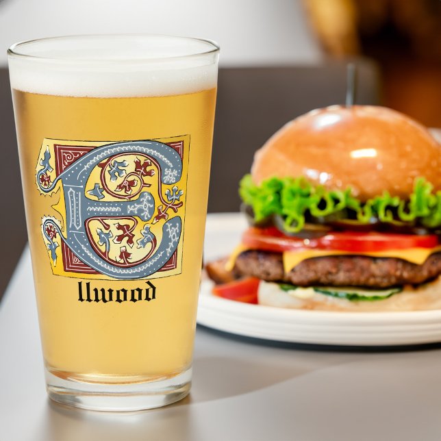 Copo De Pint Azul Medieval e Vermelho Ivy Iluminado - Letra E (Criador carregado)