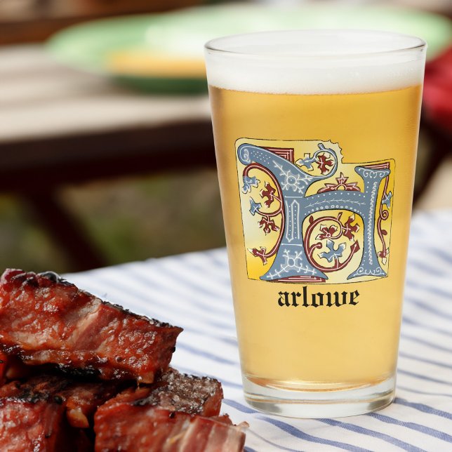 Copo De Pint Azul Medieval e Vermelho Ivy Iluminado - Letra H (Criador carregado)