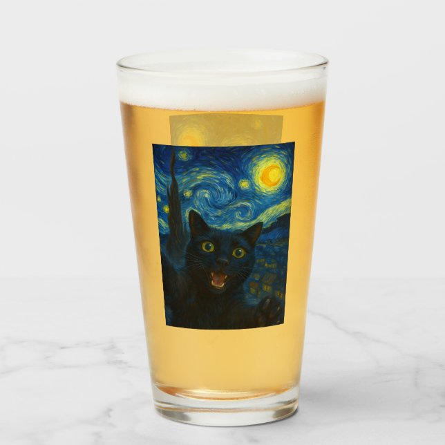 Copo De Pint Black Cat Starry Night Van Gogh Cat Selfie (Frente (Preenchido))