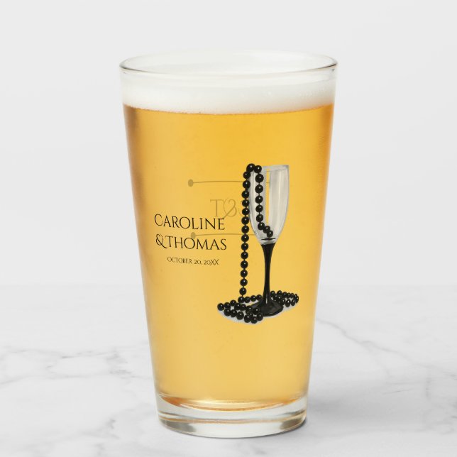 Copo De Pint Black & White Pearl Champagne Glass Wedding (Frente (Preenchido))