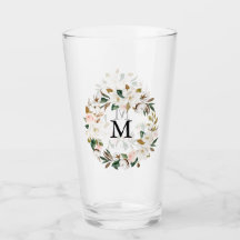 Blush & White Magnolia Watercolor Wreath Monograma