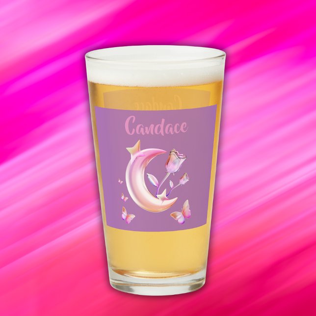 Copo De Pint Bonito rosa- Lua, Borboleta, Floral- Monograma | (Criador carregado)