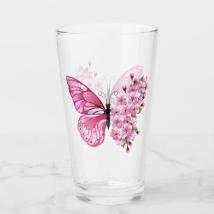 Copo De Pint Borboleta Flor com Sakura Rosa