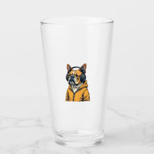 Copo De Pint Bulldog Antigo de Headphones Vestindo Capuz Música