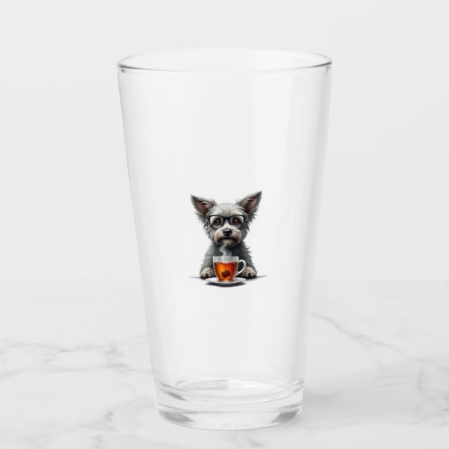 Copo De Pint Cachorro Antigo Segurando Chá com Óculos Pet Retro (Frente)