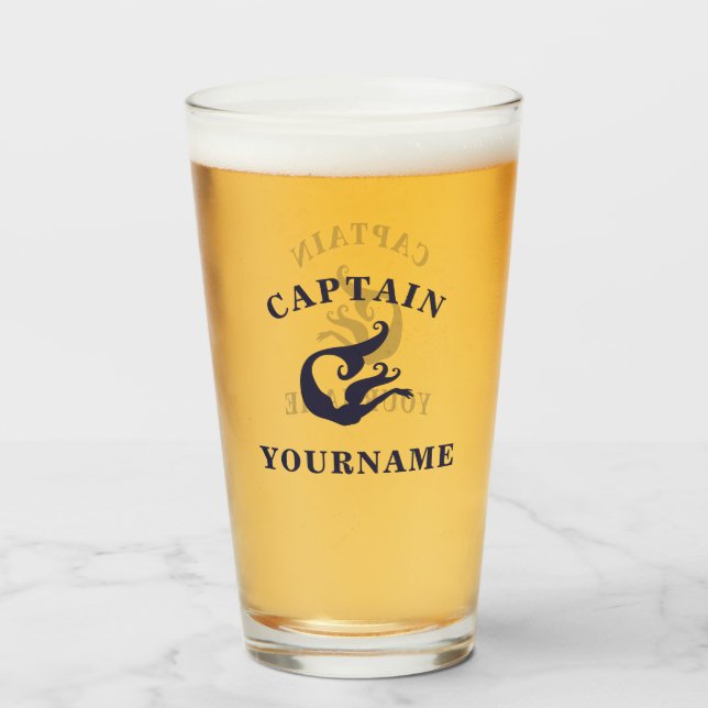 Copo De Pint Capitão Seu Nome Mermaid Náutico Tumbler (Frente (Preenchido))