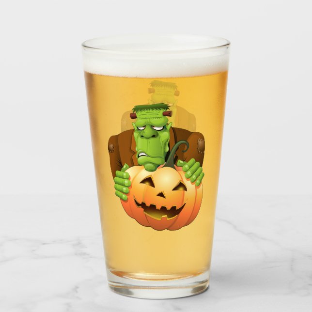 Copo De Pint Cartoon Frankenstein Monster com Pumpkin (Frente (Preenchido))