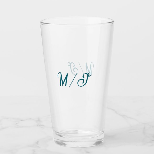 Copo De Pint Casamento de monograma turquesa casal nome simples (Frente)