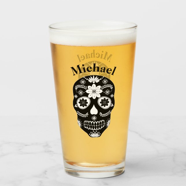 Copo De Pint Caveira de Açúcar Mexicana Preta e Branca 2 Com No (Frente (Preenchido))