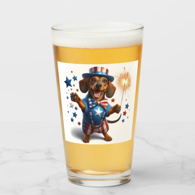 Copo De Pint Cerveja Dachshund 4 de Julho  (Frente (Preenchido))