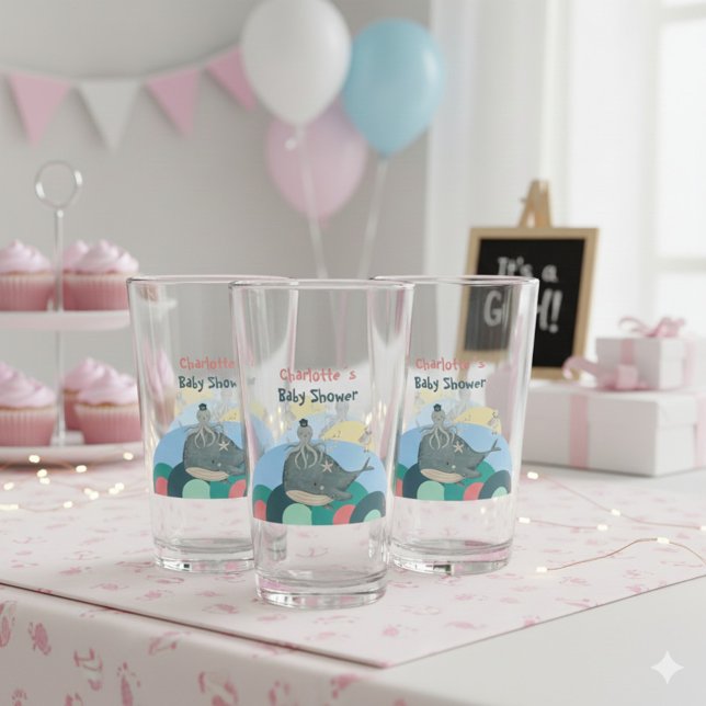 Copo De Pint Chá de fraldas Rosa Polvo de Baleia Náutica Encant (Charming Nautical Whale Octopus Pink Baby Shower Glass ©Susanne Sachers - Sunny Mind 🌞)