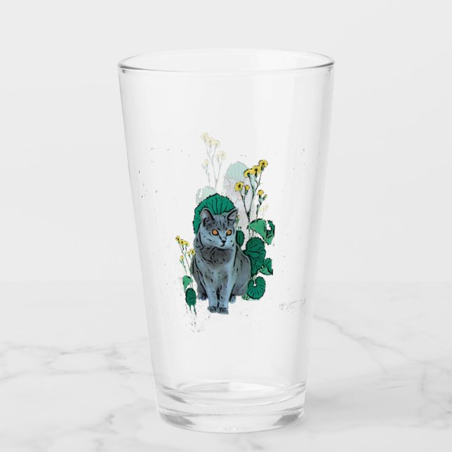 Copo De Pint Chartreux Cat com Flor Amarelo (Frente)
