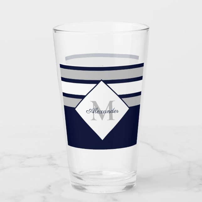 Copo De Pint Cinza Azul Marinho Moderno Náutico Grelha Monogram (Frente)