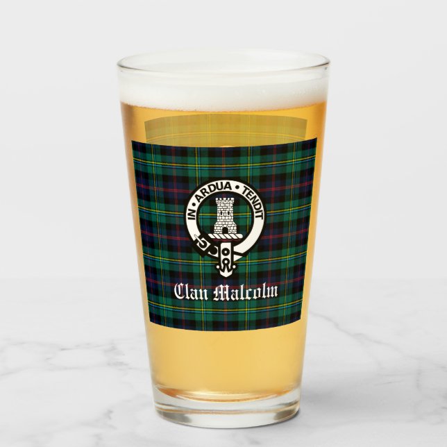 Copo De Pint Clan Malcolm Crest Crachá e Tartan (Frente (Preenchido))