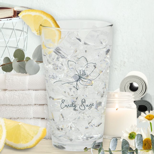 Copo De Pint Coastal Blue Floral Line Art Minimalist Zen (Minimalist Floral Line Art Zen Coastal Blue Glass ©Susanne Sachers - Sunny Wanderlust 🌞✈️)