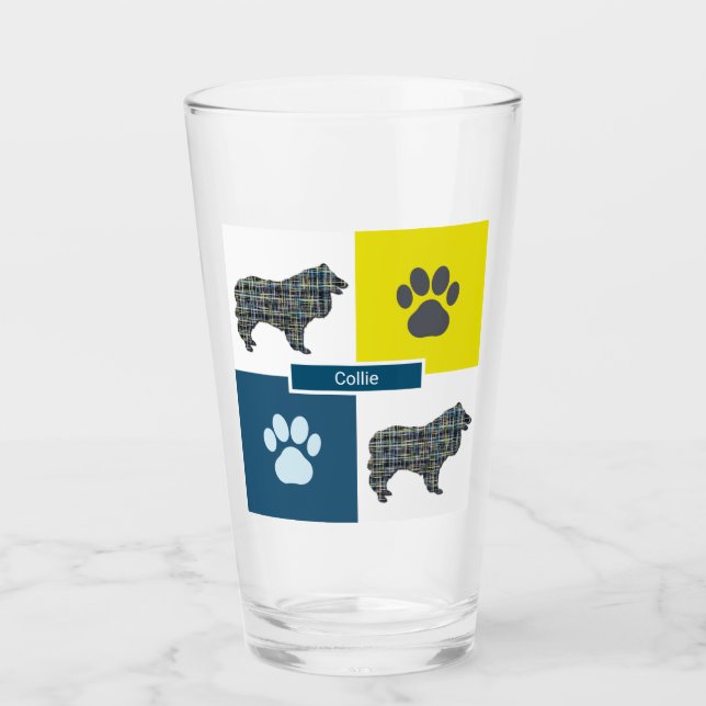 Copo De Pint Collie Rough Dog Silhout & Paw Y&B Grid (Frente)