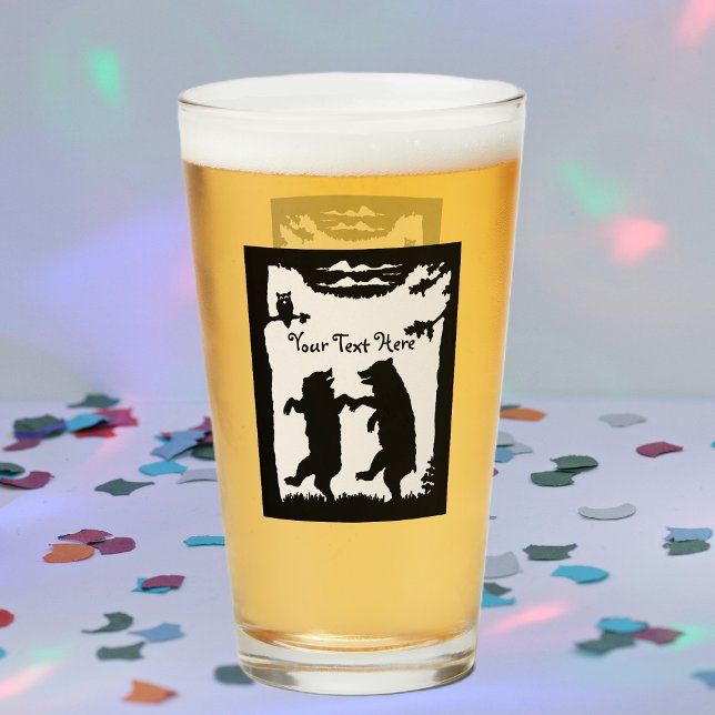 Copo De Pint Coruja-Ursinha-Ursinho-Negro-Silhueta (Two black bears in silhouette dancing in woods under trees owl on drinking glass tumbler.)