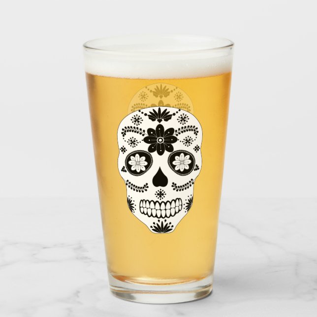 Copo De Pint Crânio Mexicano 2 Vidro Preto E Branco (Frente (Preenchido))